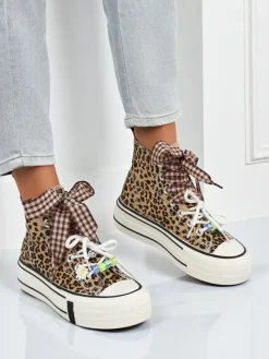 Sale Damskie trampki Leonora Leo brązowe na platformie – styl włoski, tkanina Trampki