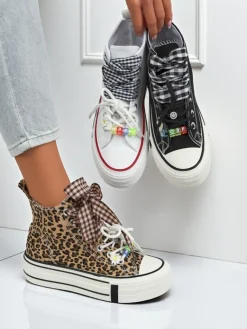 Sale Damskie trampki Leonora Leo brązowe na platformie – styl włoski, tkanina Trampki