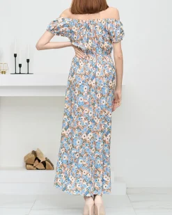 Best Długa letnia pomarańczowa sukienka damska w niebieskie kwiaty- Odzież Sukienki Letnie|Sukienki Długie