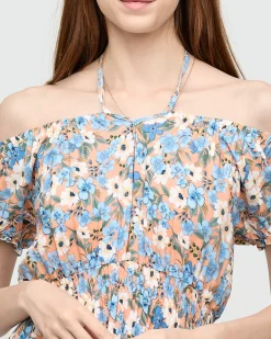 Best Długa letnia pomarańczowa sukienka damska w niebieskie kwiaty- Odzież Sukienki Letnie|Sukienki Długie