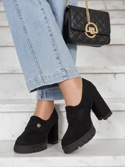 Best Eleganckie Czarne Buty Anitka z Ekoskóry Mokasyny Na Obcasie