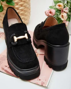 Outlet Eleganckie Sandały Vulcano w Kolorze Czarnego Zamszu Półbuty|Mokasyny Na Obcasie