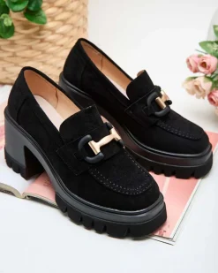 Outlet Eleganckie Sandały Vulcano w Kolorze Czarnego Zamszu Półbuty|Mokasyny Na Obcasie