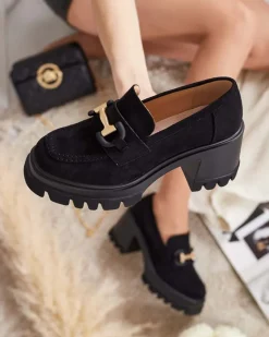 Outlet Eleganckie Sandały Vulcano w Kolorze Czarnego Zamszu Półbuty|Mokasyny Na Obcasie