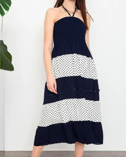 Clearance Granatowa sukienka w groszki PLUS SIZE - Odzież Sukienki Letnie|Sukienki Krótkie