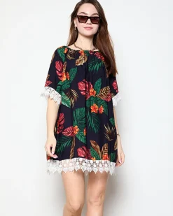 New Granatowa tunika damska w kwiatki - Odzież Narzutka Plażowa|Plus Size