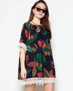 New Granatowa tunika damska w kwiatki - Odzież Narzutka Plażowa|Plus Size