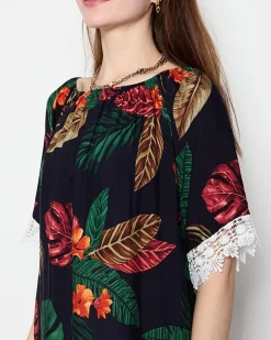 New Granatowa tunika damska w kwiatki - Odzież Narzutka Plażowa|Plus Size