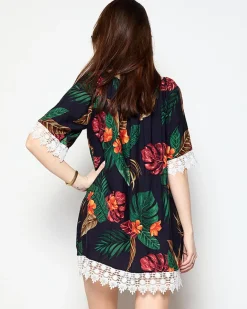 New Granatowa tunika damska w kwiatki - Odzież Narzutka Plażowa|Plus Size