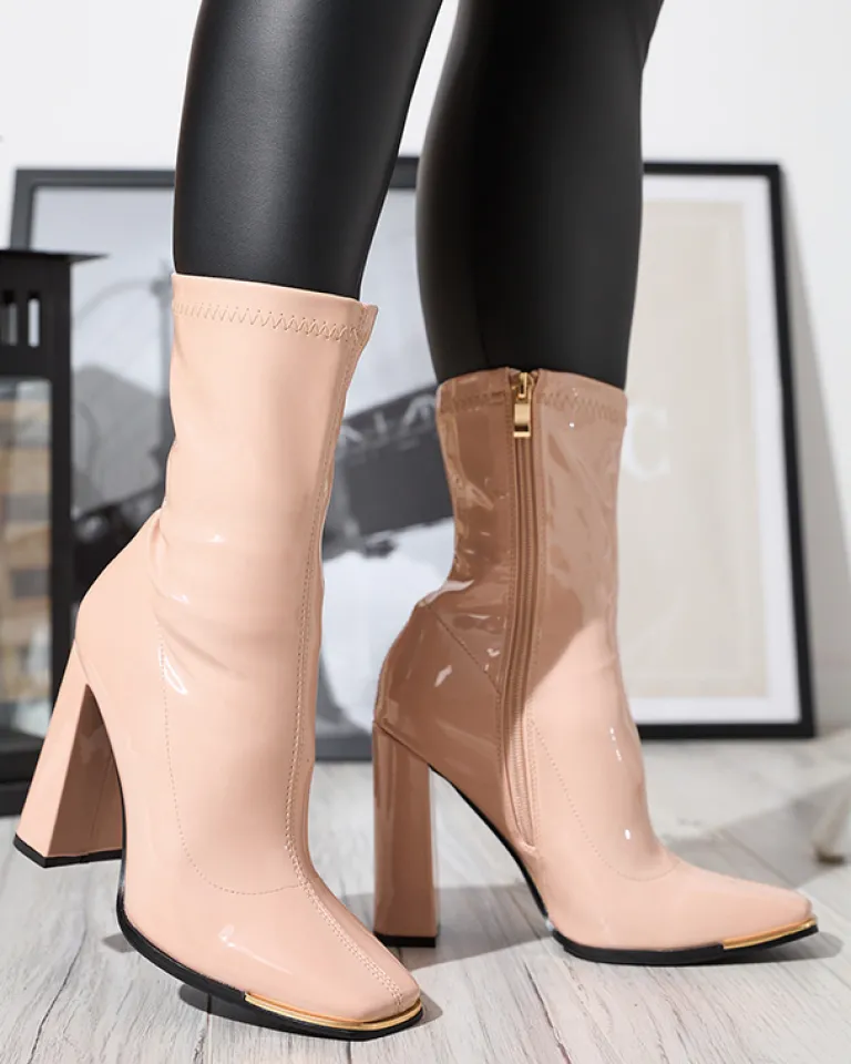 New Jasnoróżowe damskie lakierowane botki na słupku Rekila - Obuwie Botki Bez Ocieplenia|Botki Na Słupku