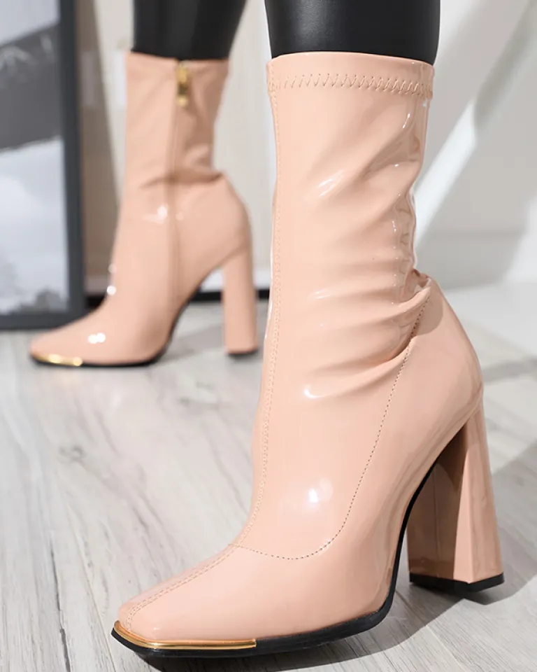 New Jasnoróżowe damskie lakierowane botki na słupku Rekila - Obuwie Botki Bez Ocieplenia|Botki Na Słupku