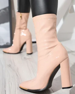 New Jasnoróżowe damskie lakierowane botki na słupku Rekila - Obuwie Botki Bez Ocieplenia|Botki Na Słupku