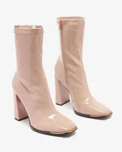 New Jasnoróżowe damskie lakierowane botki na słupku Rekila - Obuwie Botki Bez Ocieplenia|Botki Na Słupku