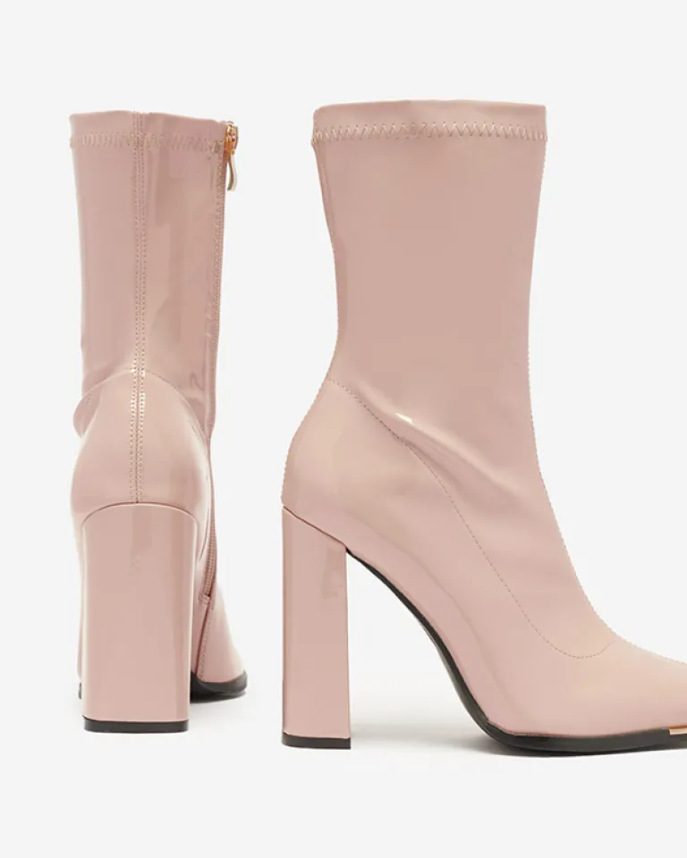 New Jasnoróżowe damskie lakierowane botki na słupku Rekila - Obuwie Botki Bez Ocieplenia|Botki Na Słupku