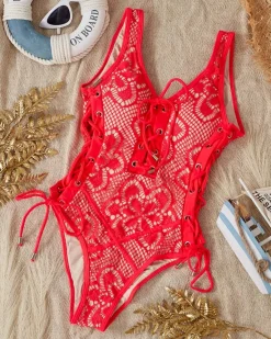 Online Jednoczęściowy damski strój kąpielowy z koronką- Bielizna Stroje Kąpielowe