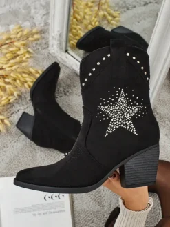 Clearance Kowbojki damskie na obcasie z ozdobną gwiazdką z cyrkonii FableStray Botki Bez Ocieplenia|Kowbojki