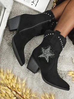 Clearance Kowbojki damskie na obcasie z ozdobną gwiazdką z cyrkonii FableStray Botki Bez Ocieplenia|Kowbojki