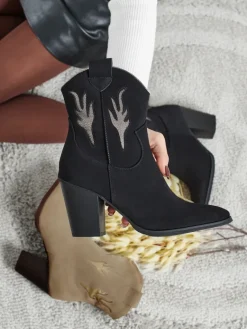 Outlet Kowbojki damskie na obcasie z ozdobnymi wstawkami Cendria Botki Z Delikatnym Ociepleniem|Kowbojki