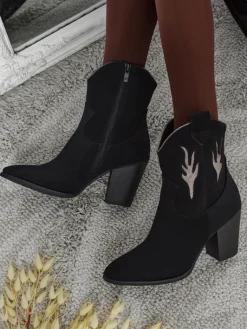 Outlet Kowbojki damskie na obcasie z ozdobnymi wstawkami Cendria Botki Z Delikatnym Ociepleniem|Kowbojki