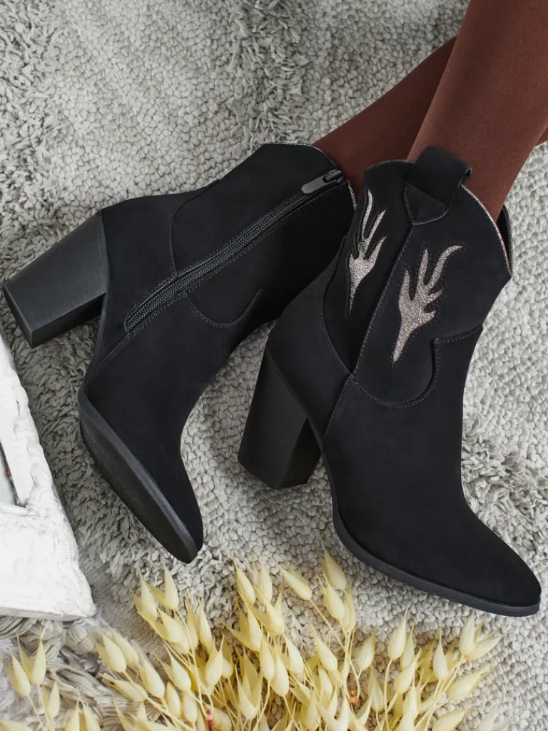 Outlet Kowbojki damskie na obcasie z ozdobnymi wstawkami Cendria Botki Z Delikatnym Ociepleniem|Kowbojki