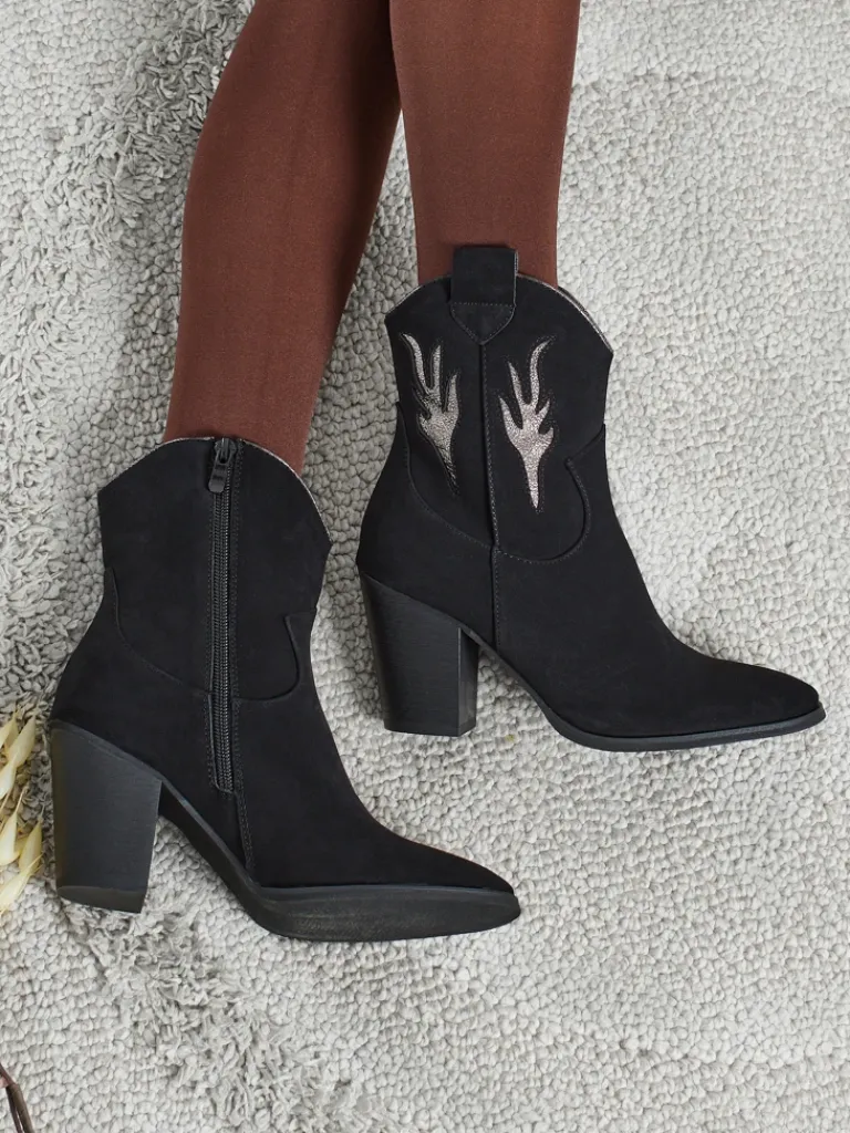 Outlet Kowbojki damskie na obcasie z ozdobnymi wstawkami Cendria Botki Z Delikatnym Ociepleniem|Kowbojki