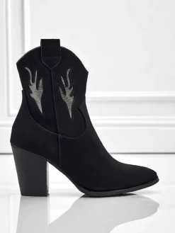 Outlet Kowbojki damskie na obcasie z ozdobnymi wstawkami Cendria Botki Z Delikatnym Ociepleniem|Kowbojki