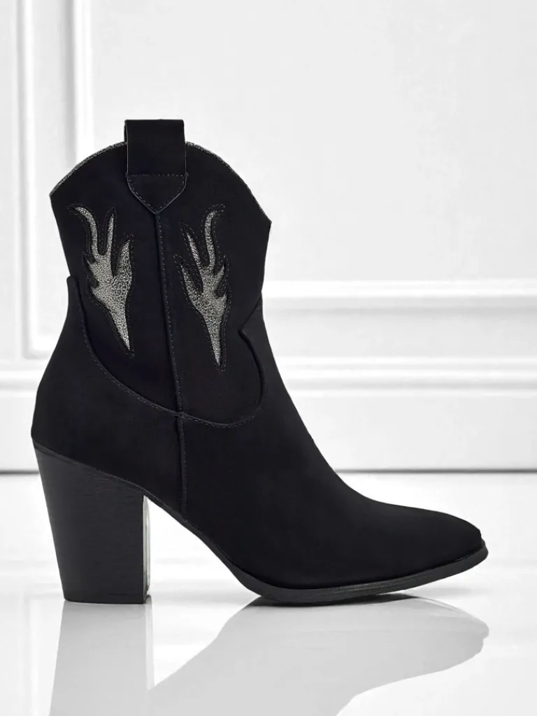 Outlet Kowbojki damskie na obcasie z ozdobnymi wstawkami Cendria Botki Z Delikatnym Ociepleniem|Kowbojki