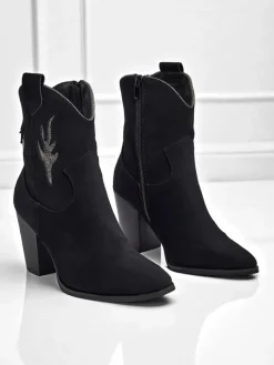 Outlet Kowbojki damskie na obcasie z ozdobnymi wstawkami Cendria Botki Z Delikatnym Ociepleniem|Kowbojki