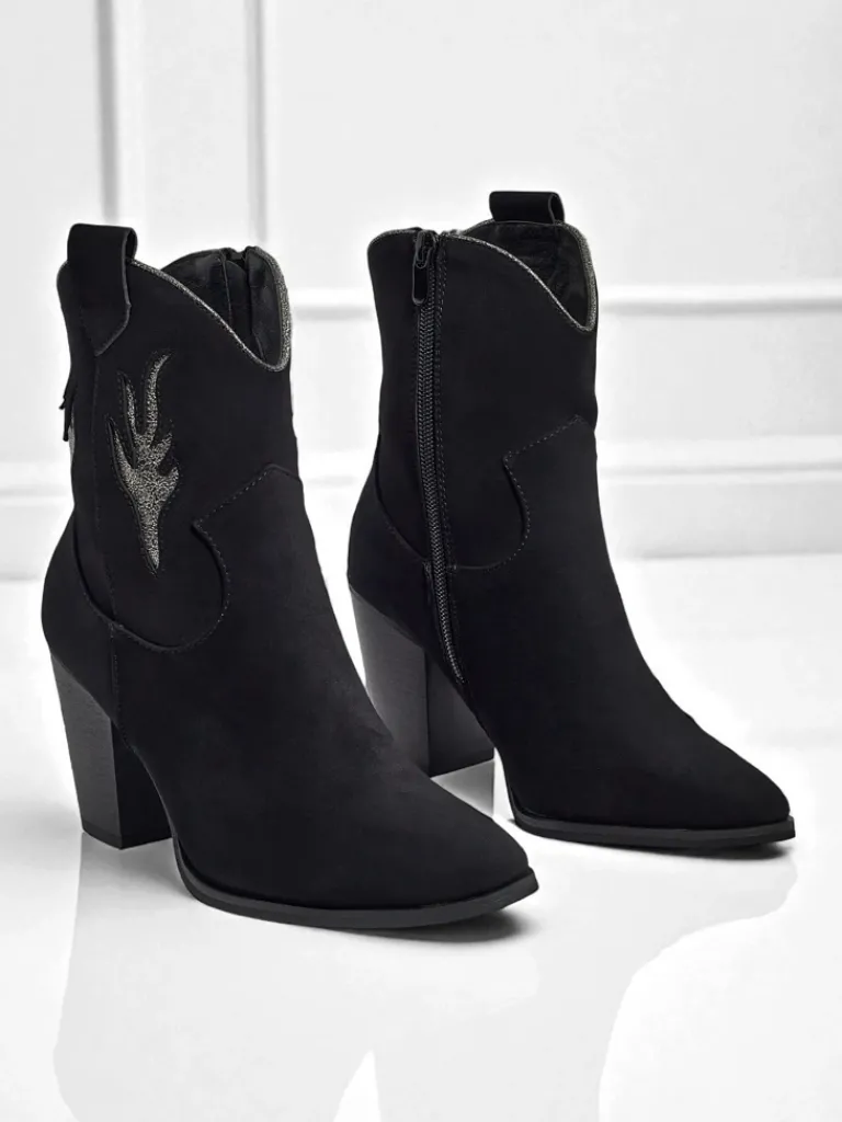 Outlet Kowbojki damskie na obcasie z ozdobnymi wstawkami Cendria Botki Z Delikatnym Ociepleniem|Kowbojki