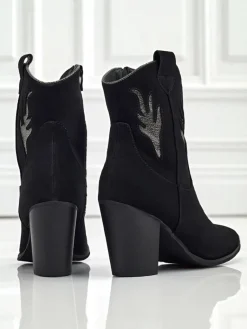 Outlet Kowbojki damskie na obcasie z ozdobnymi wstawkami Cendria Botki Z Delikatnym Ociepleniem|Kowbojki