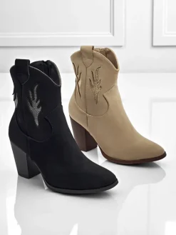 Outlet Kowbojki damskie na obcasie z ozdobnymi wstawkami Cendria Botki Z Delikatnym Ociepleniem|Kowbojki