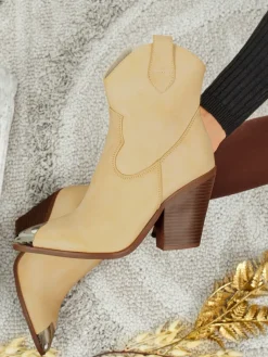 Online Kowbojki damskie na obcasie z ozdobnym czubkiem Fang Glacier Botki Bez Ocieplenia|Kowbojki