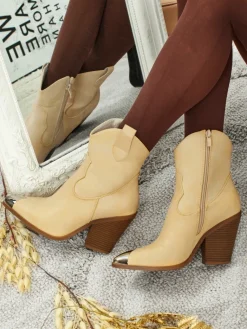 Online Kowbojki damskie na obcasie z ozdobnym czubkiem Fang Glacier Botki Bez Ocieplenia|Kowbojki