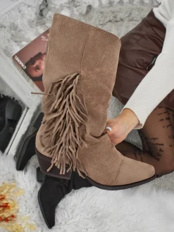 Outlet Kowbojki damskie na obcasie z frędzelkami Selva Botki Z Delikatnym Ociepleniem|Kowbojki