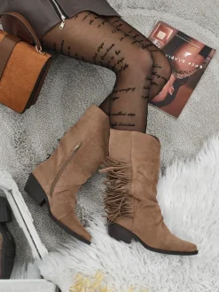 Outlet Kowbojki damskie na obcasie z frędzelkami Selva Botki Z Delikatnym Ociepleniem|Kowbojki