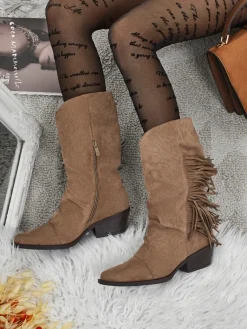 Outlet Kowbojki damskie na obcasie z frędzelkami Selva Botki Z Delikatnym Ociepleniem|Kowbojki