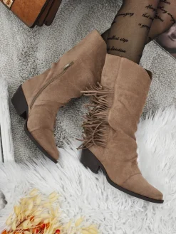 Outlet Kowbojki damskie na obcasie z frędzelkami Selva Botki Z Delikatnym Ociepleniem|Kowbojki