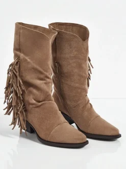 Outlet Kowbojki damskie na obcasie z frędzelkami Selva Botki Z Delikatnym Ociepleniem|Kowbojki