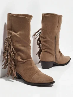 Outlet Kowbojki damskie na obcasie z frędzelkami Selva Botki Z Delikatnym Ociepleniem|Kowbojki