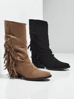 Outlet Kowbojki damskie na obcasie z frędzelkami Selva Botki Z Delikatnym Ociepleniem|Kowbojki