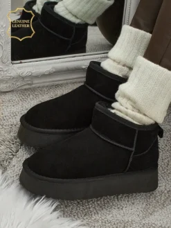 Clearance Krótkie buty a'la śniegowce damskie ze skóry naturalnej Elunara Śniegowce|Botki Na Platformie