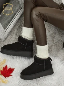 Clearance Krótkie buty a'la śniegowce damskie ze skóry naturalnej Elunara Śniegowce|Botki Na Platformie