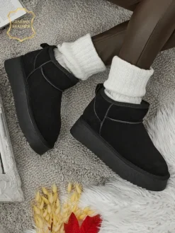 Clearance Krótkie buty a'la śniegowce damskie ze skóry naturalnej Elunara Śniegowce|Botki Na Platformie