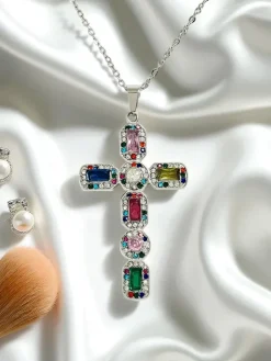 Discount Krzyżykowy naszyjnik Aurelia z kolorowymi kryształami srebrny Damskie Biżuteria