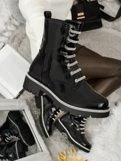 Hot Lakierowane sznurowane botki damskie Fjorra Botki Z Delikatnym Ociepleniem|Botki Sznurowane