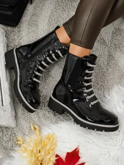 Hot Lakierowane sznurowane botki damskie Fjorra Botki Z Delikatnym Ociepleniem|Botki Sznurowane