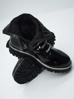 Hot Lakierowane sznurowane botki damskie Fjorra Botki Z Delikatnym Ociepleniem|Botki Sznurowane