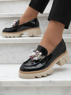 Livia Elegante - Czarne Luksusowe Mokasyny na Płaskim Obcasie Półbuty|Mokasyny Na Płaskiej Podeszwie