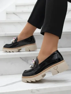 Livia Elegante - Czarne Luksusowe Mokasyny na Płaskim Obcasie Półbuty|Mokasyny Na Płaskiej Podeszwie