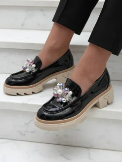 Livia Elegante - Czarne Luksusowe Mokasyny na Płaskim Obcasie Półbuty|Mokasyny Na Płaskiej Podeszwie